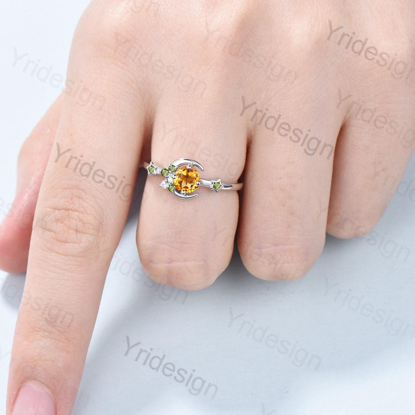 Vintage Peridot Citrine Wedding Ring Women Unique Crescent Moon Birthstone Ring Unique Art Deco Matching Band Anniversary Gift for Daughter