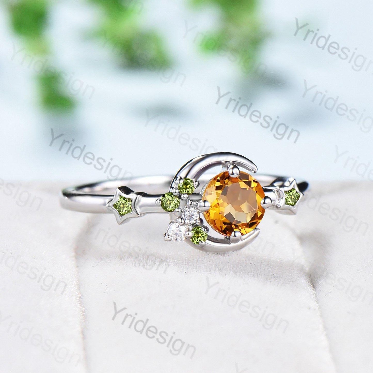Vintage Peridot Citrine Wedding Ring Women Unique Crescent Moon Birthstone Ring Unique Art Deco Matching Band Anniversary Gift for Daughter