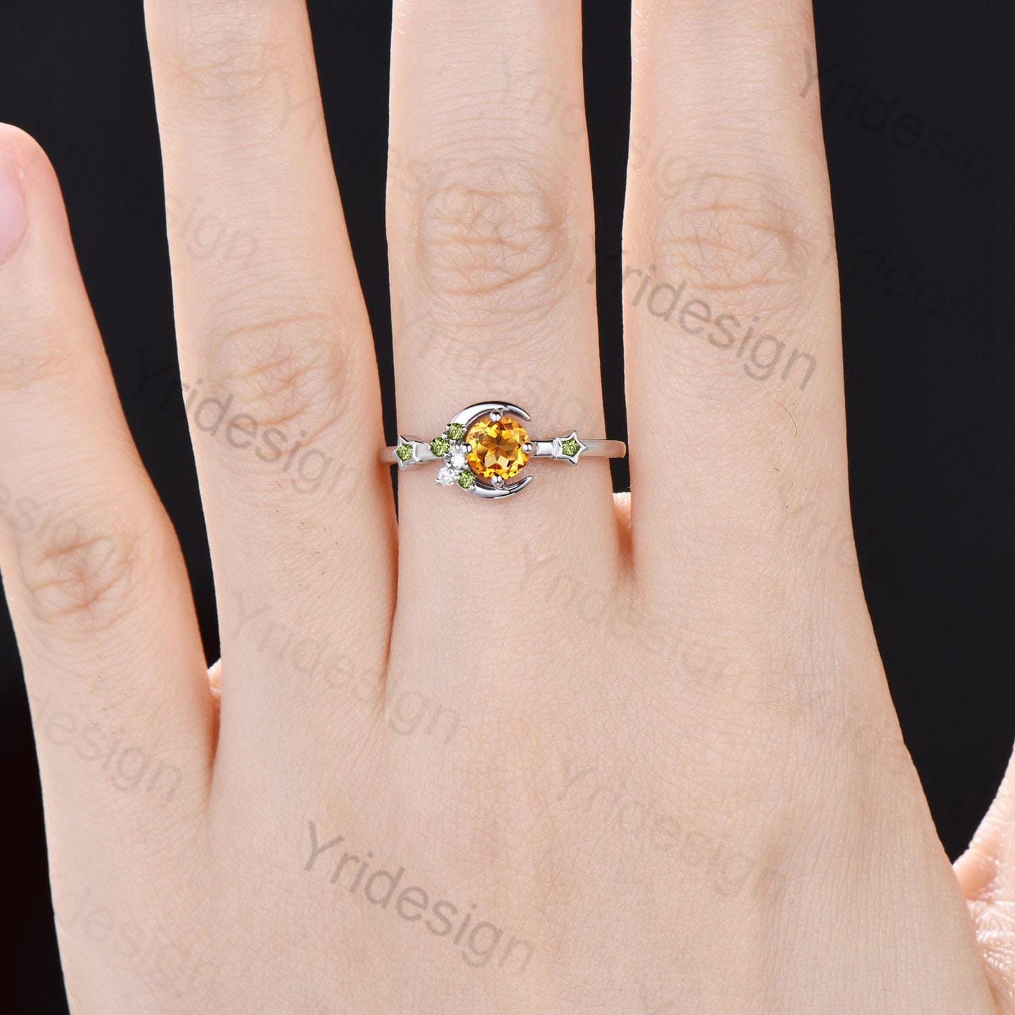Vintage Peridot Citrine Wedding Ring Women Unique Crescent Moon Birthstone Ring Unique Art Deco Matching Band Anniversary Gift for Daughter