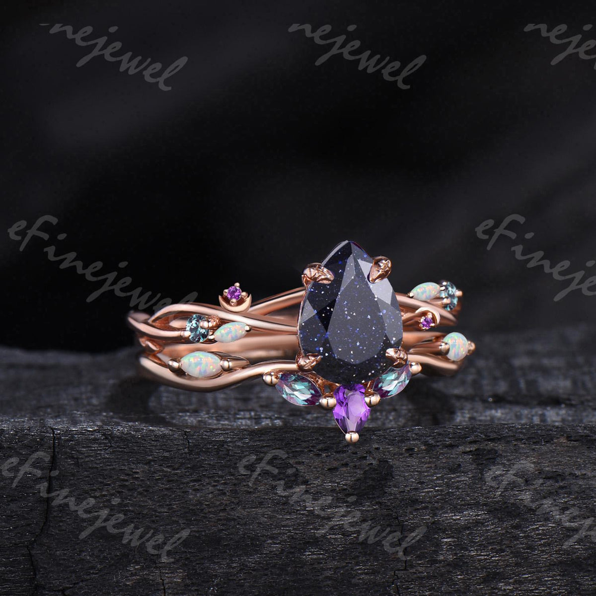 Pear Blue Sandstone Engagement Ring Set, Amethyst Opal Cluster, Gold Moon Wedding