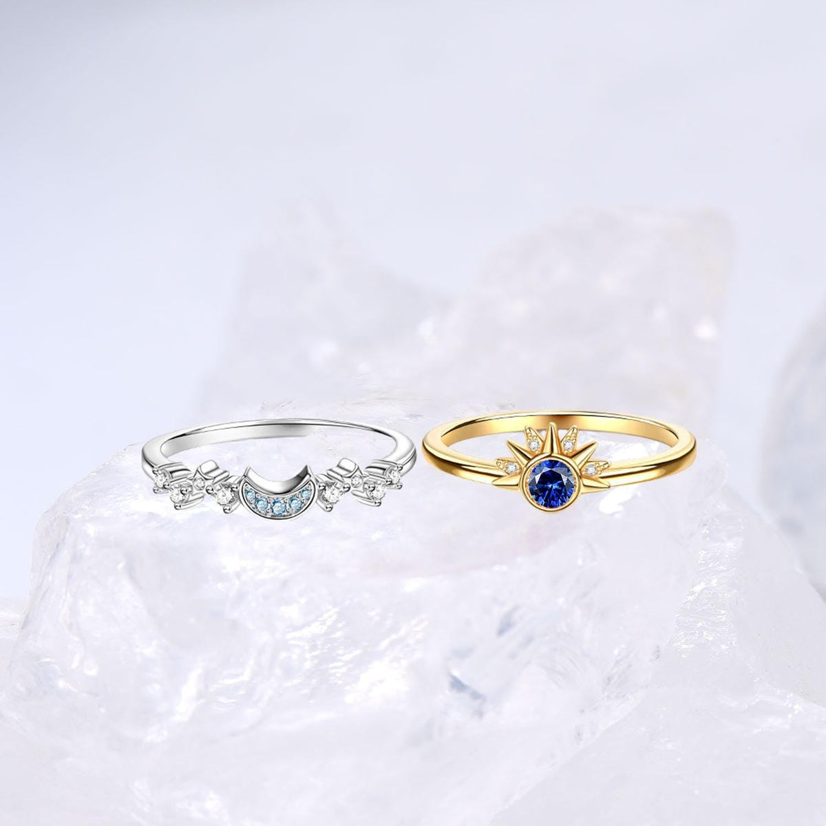 Crescent Moon Blue Sapphire Engagement Ring Set Unique Sun And Moon Wedding Ring Art Deco Star Bridal Ring Set for Women