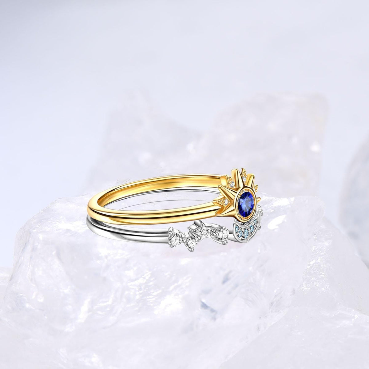 Crescent Moon Blue Sapphire Engagement Ring Set Unique Sun And Moon Wedding Ring Art Deco Star Bridal Ring Set for Women
