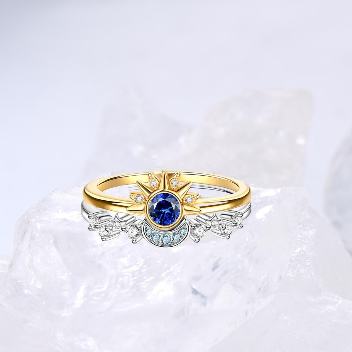 Crescent Moon Blue Sapphire Engagement Ring Set Unique Sun And Moon Wedding Ring Art Deco Star Bridal Ring Set for Women
