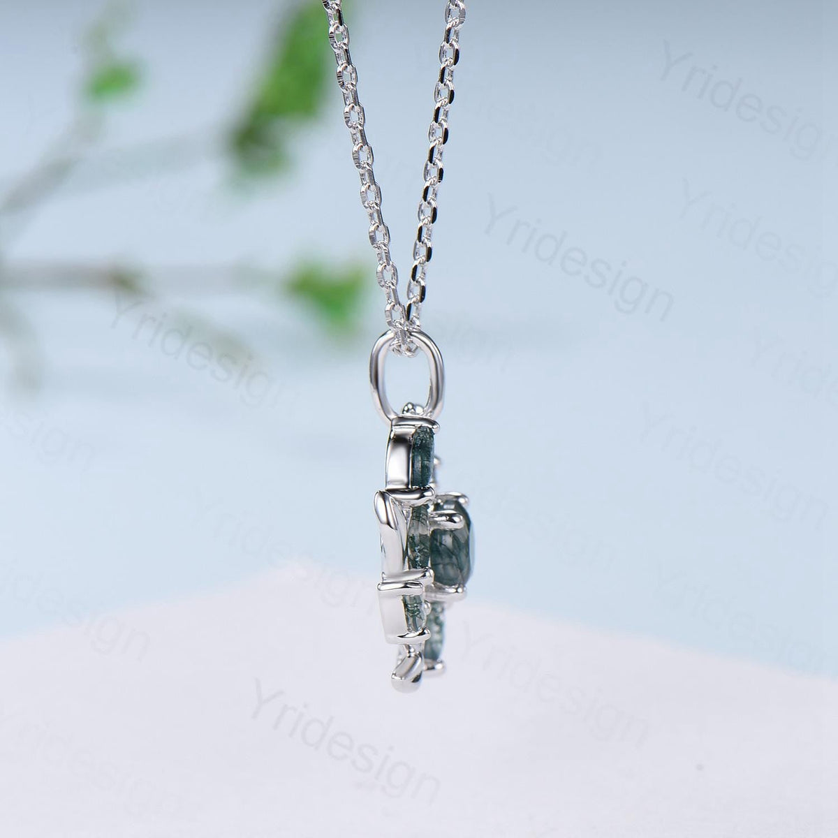 Handmade Blue Sandstone Necklace with Moss Agate, Nature Inspired Leaf Vine Pendant