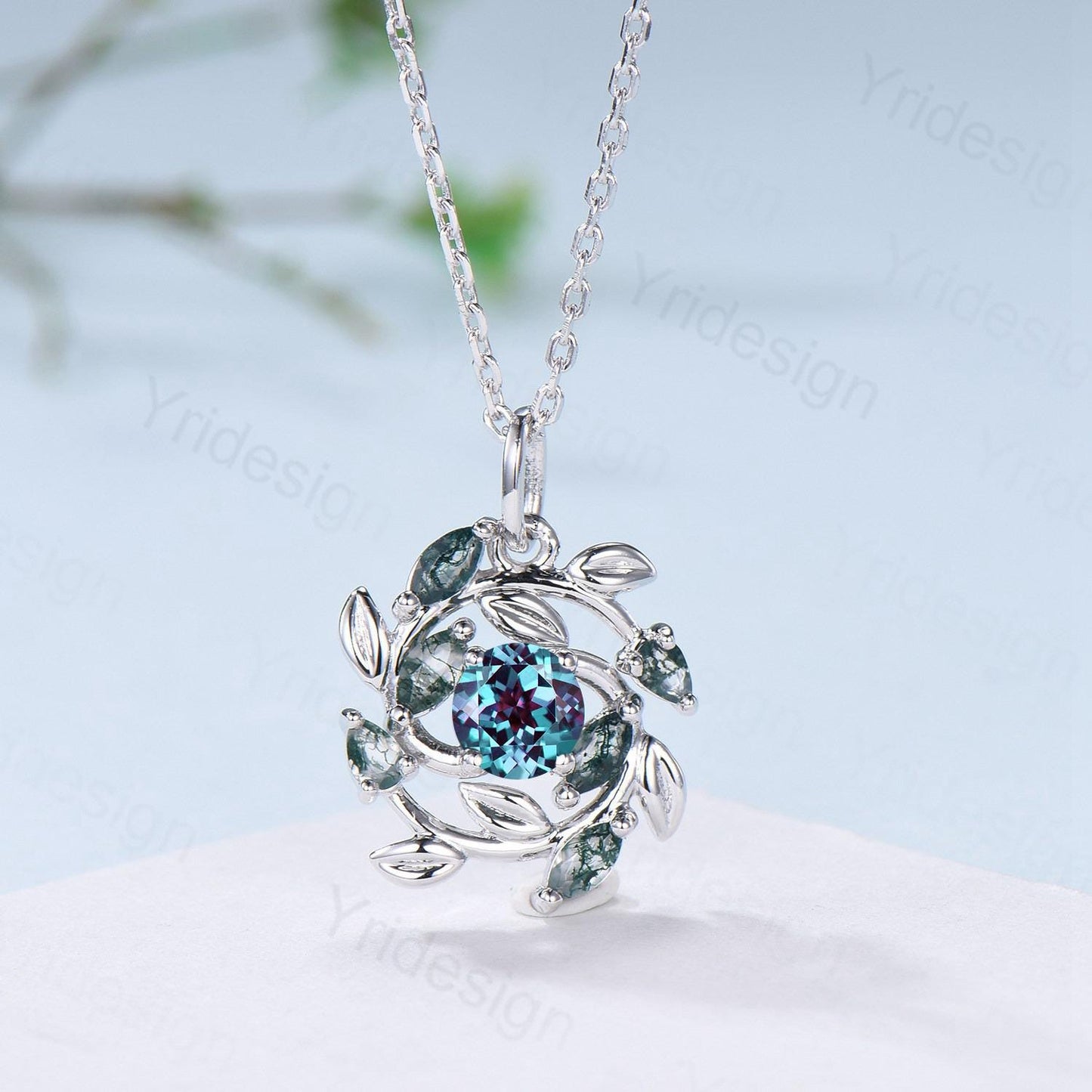 Handmade Blue Sandstone Necklace with Moss Agate, Nature Inspired Leaf Vine Pendant