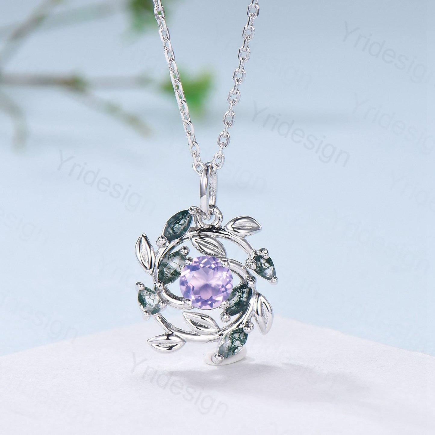 Unique Nature Inspired Lavender Amethyst Necklace Vintage Marquise and Pear Moss Agate Necklace Snowflake Pendant Anniversary gift for women