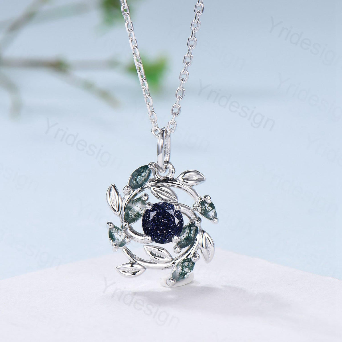 Handmade Blue Sandstone Necklace with Moss Agate, Nature Inspired Leaf Vine Pendant
