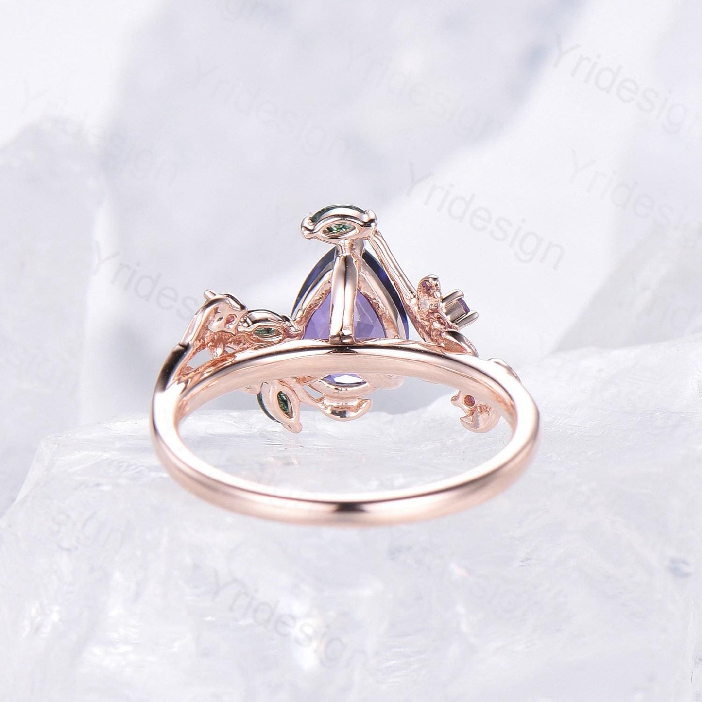 Natural inspired  Flower Salt And Pepper Diamond Ring Twig Vine Pear Shaped Engagement Ring Leaf Amethyst marquise moss agate Wedding Ring