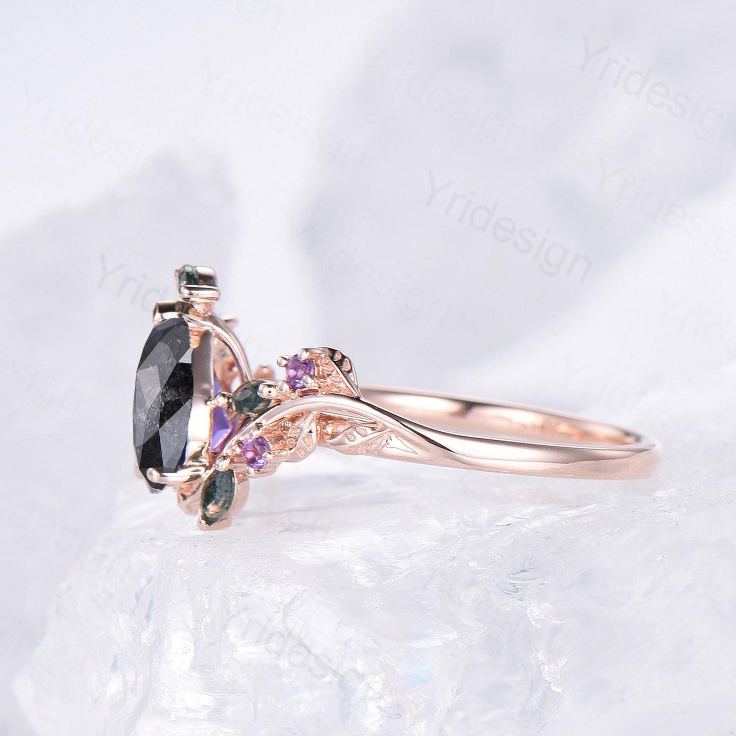 Natural inspired  Flower Salt And Pepper Diamond Ring Twig Vine Pear Shaped Engagement Ring Leaf Amethyst marquise moss agate Wedding Ring
