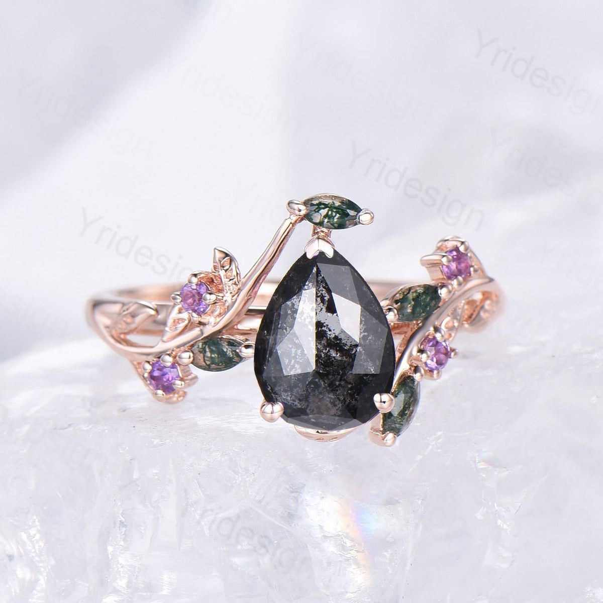 Natural inspired  Flower Salt And Pepper Diamond Ring Twig Vine Pear Shaped Engagement Ring Leaf Amethyst marquise moss agate Wedding Ring