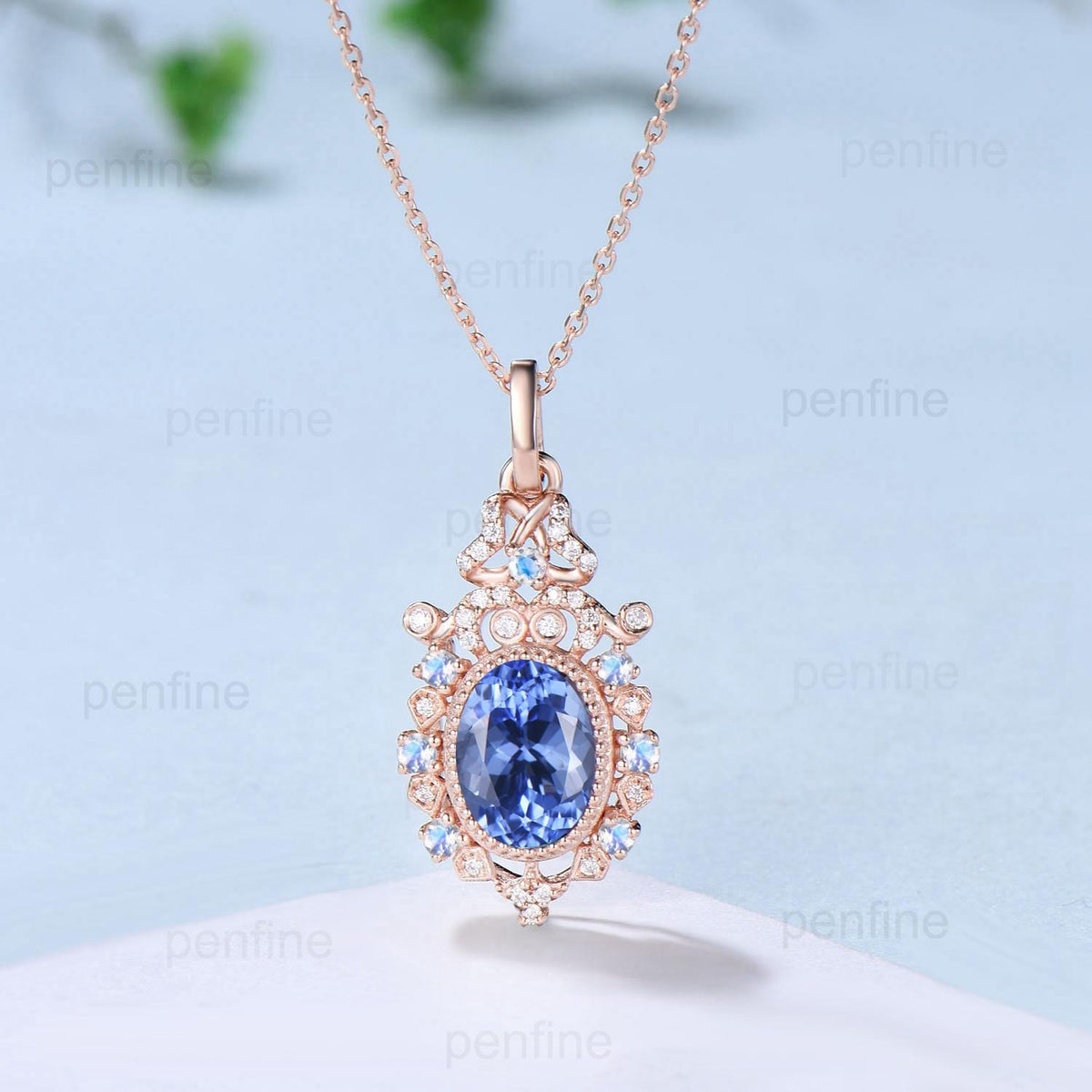 Vintage Natural Oval Tanzanite Pendant Necklace Retro Halo Moonstone Necklace Floral Flower Pendant Unique Birthstone Anniversary gift Women