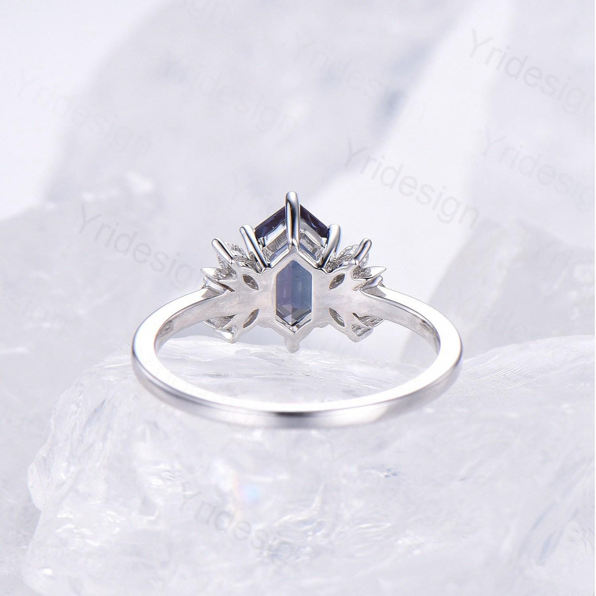 Dainty long hexagon alexandrite engagement ring crescent moon color change alexandrite diamond wedding ring June birthstone anniversary gift