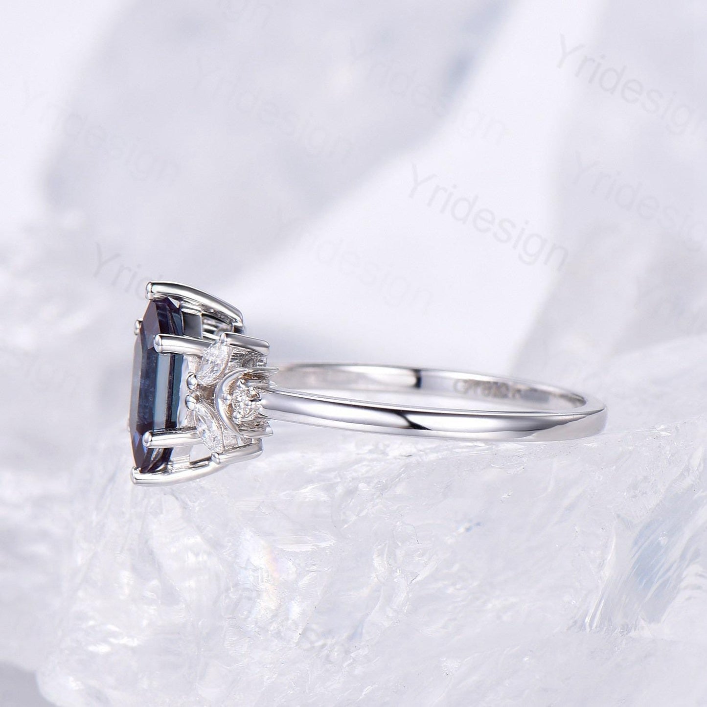 Dainty long hexagon alexandrite engagement ring crescent moon color change alexandrite diamond wedding ring June birthstone anniversary gift
