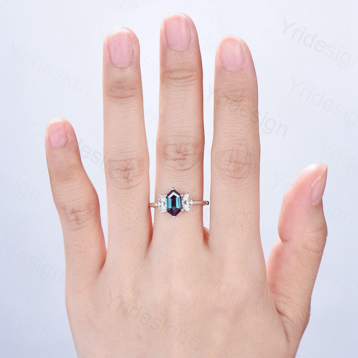 Dainty long hexagon alexandrite engagement ring crescent moon color change alexandrite diamond wedding ring June birthstone anniversary gift