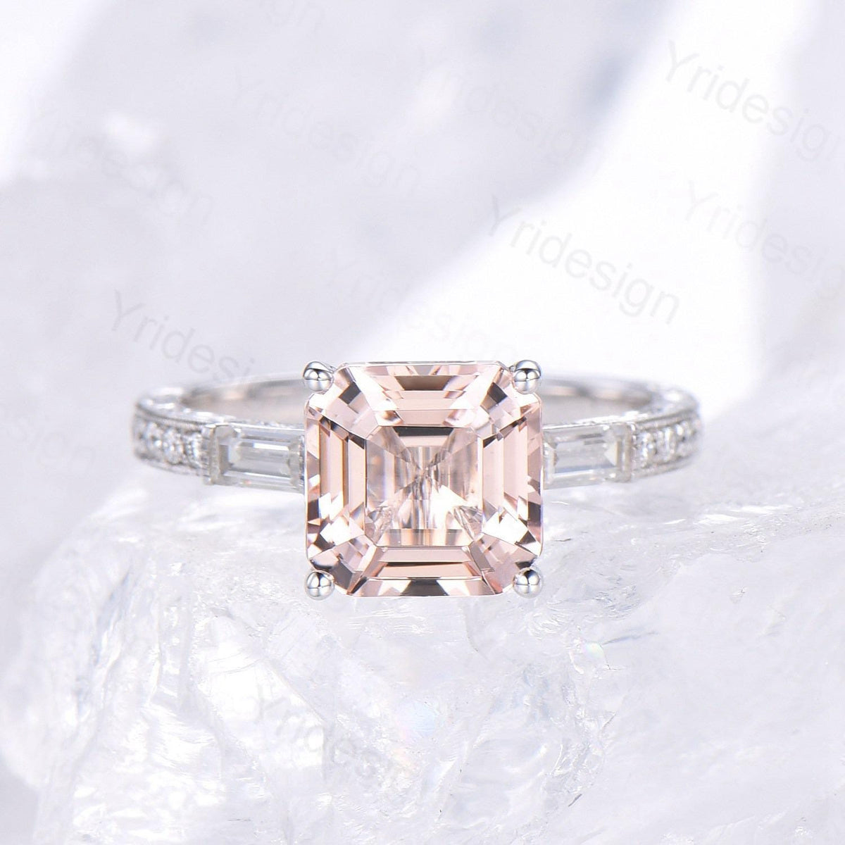 Unique asscher cut morganite engagement ring art deco hidden halo baguette diamond wedding band 14k white gold milgrain anniversary ring her