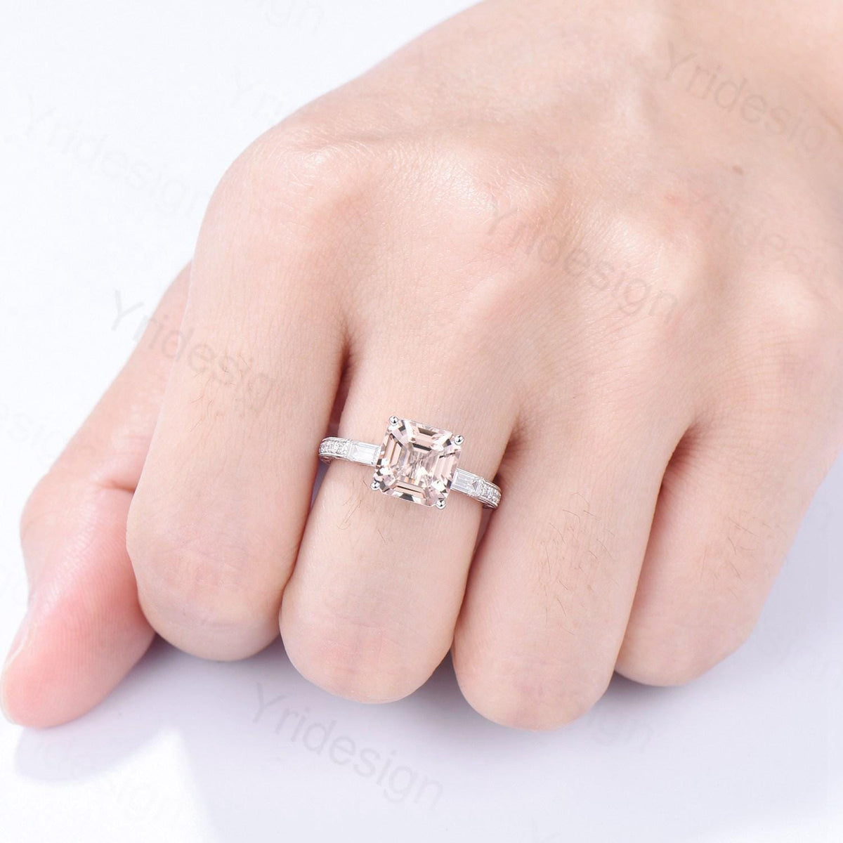 Unique asscher cut morganite engagement ring art deco hidden halo baguette diamond wedding band 14k white gold milgrain anniversary ring her