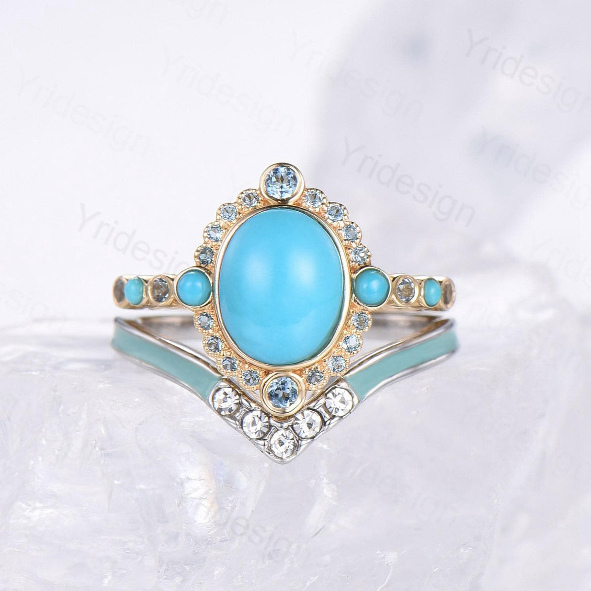 Unique oval turquoise engagement ring set vintage halo alexandrite alternative wedding ring set enamel moissanite stacking band bridal set