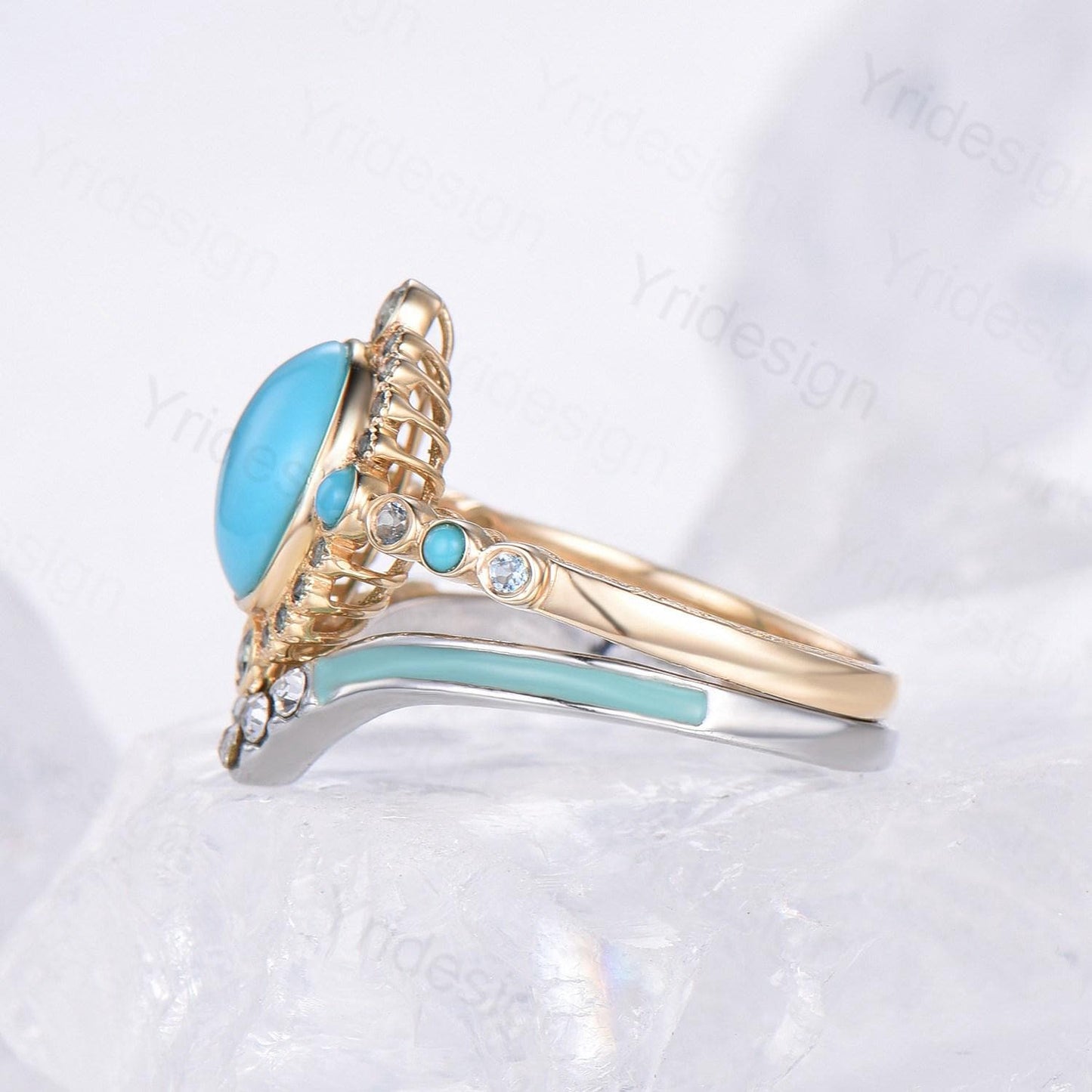 Unique oval turquoise engagement ring set vintage halo alexandrite alternative wedding ring set enamel moissanite stacking band bridal set