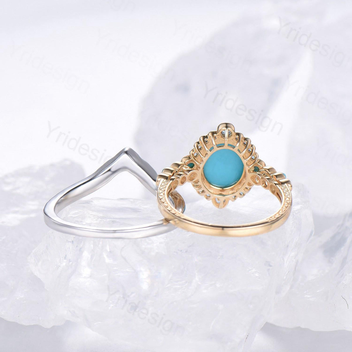 Unique oval turquoise engagement ring set vintage halo alexandrite alternative wedding ring set enamel moissanite stacking band bridal set