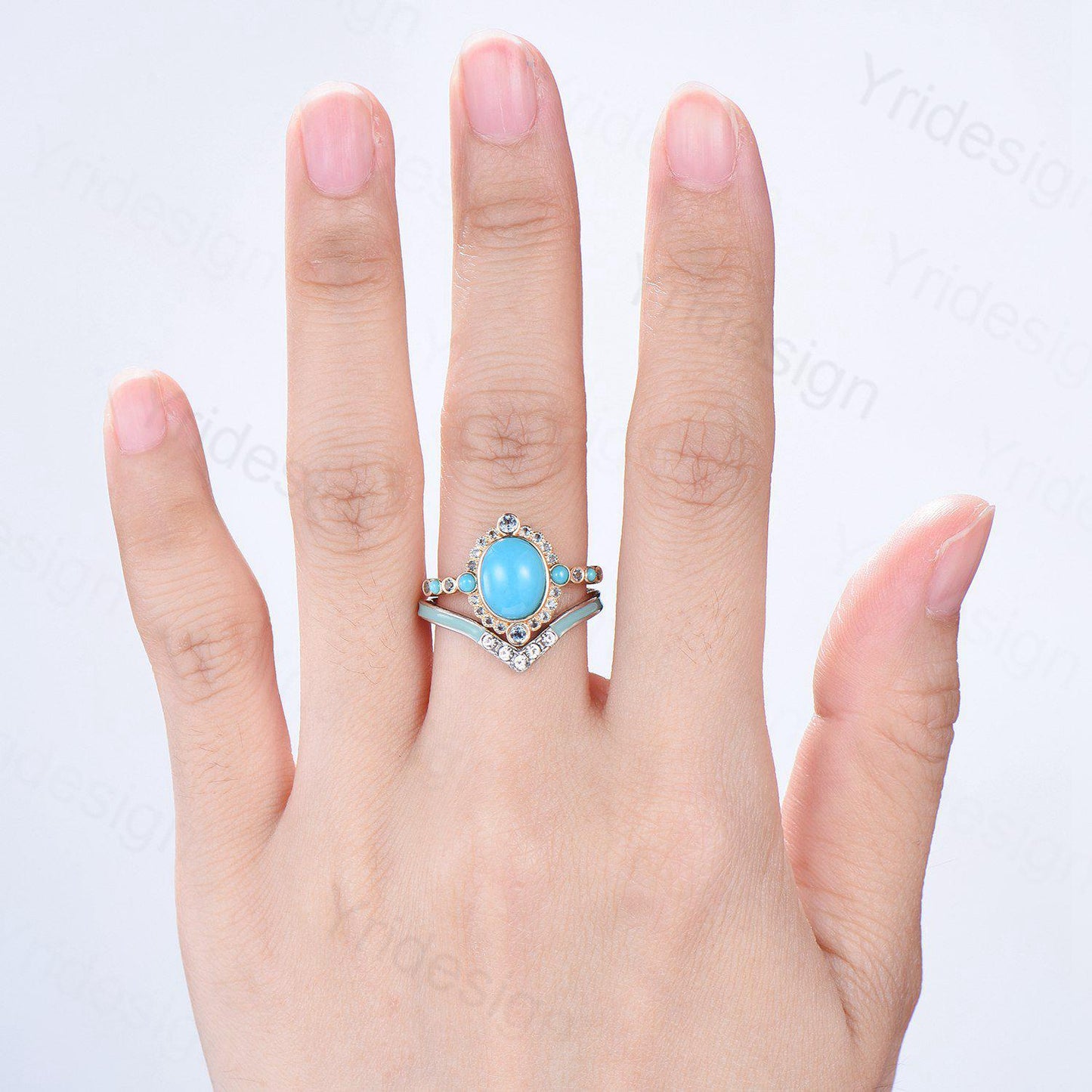 Unique oval turquoise engagement ring set vintage halo alexandrite alternative wedding ring set enamel moissanite stacking band bridal set