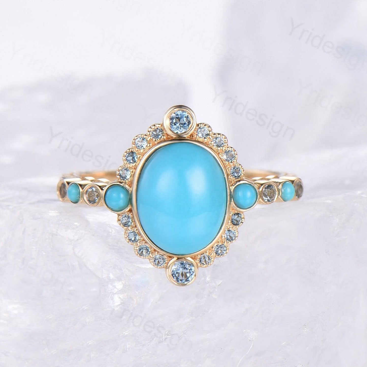 Unique oval turquoise engagement ring set vintage halo alexandrite alternative wedding ring set enamel moissanite stacking band bridal set