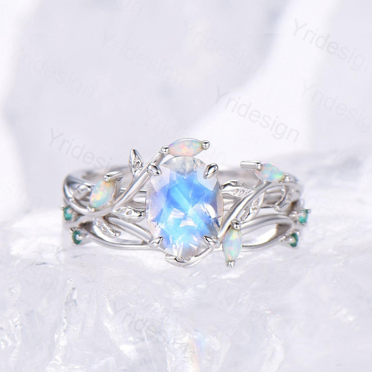 Natural Inspired oval moonstone engagement ring set twig marquise opal bridal set evil eye infinity emerald stacking band anniversary gift
