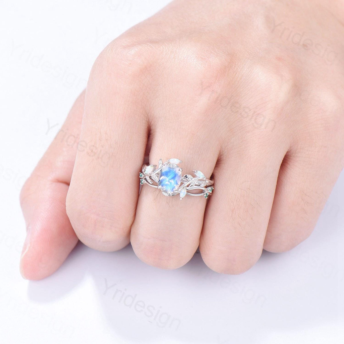 Natural Inspired oval moonstone engagement ring set twig marquise opal bridal set evil eye infinity emerald stacking band anniversary gift