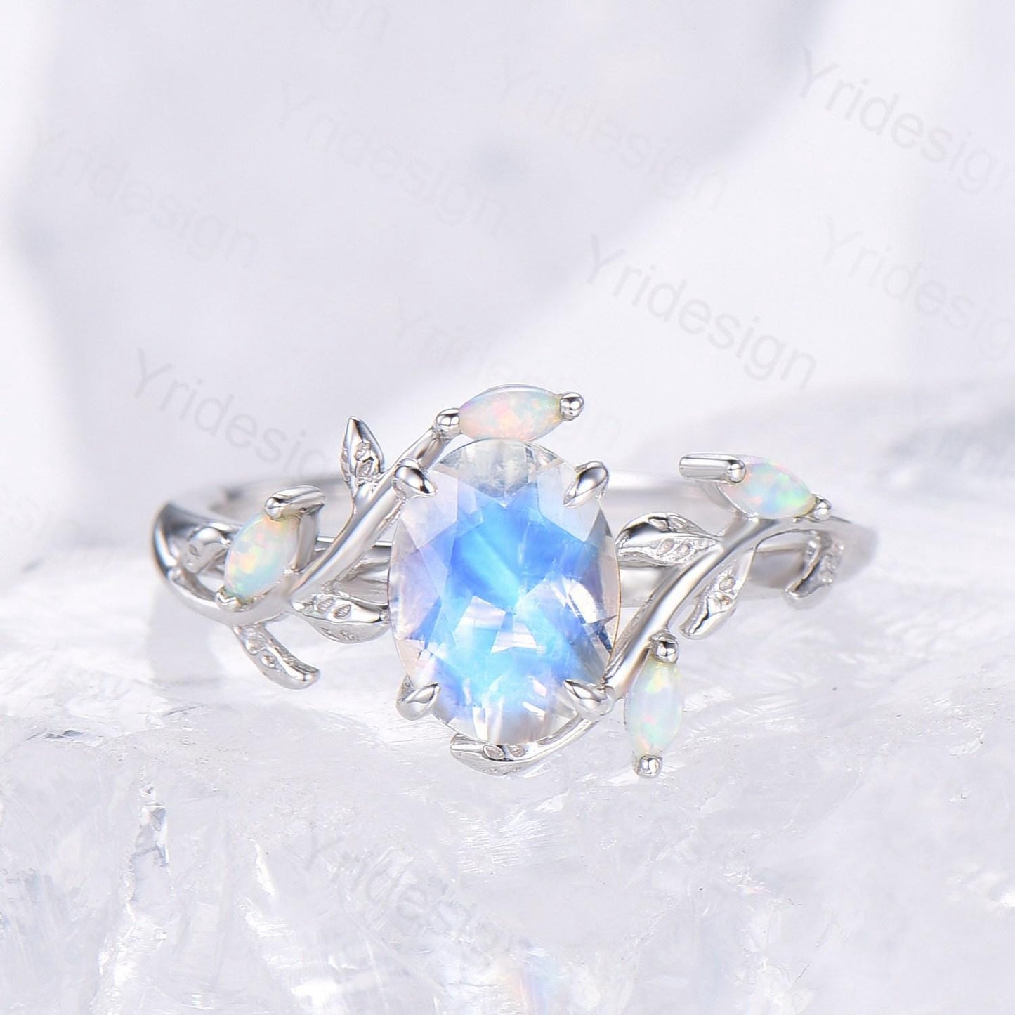 Natural Inspired oval moonstone engagement ring set twig marquise opal bridal set evil eye infinity emerald stacking band anniversary gift