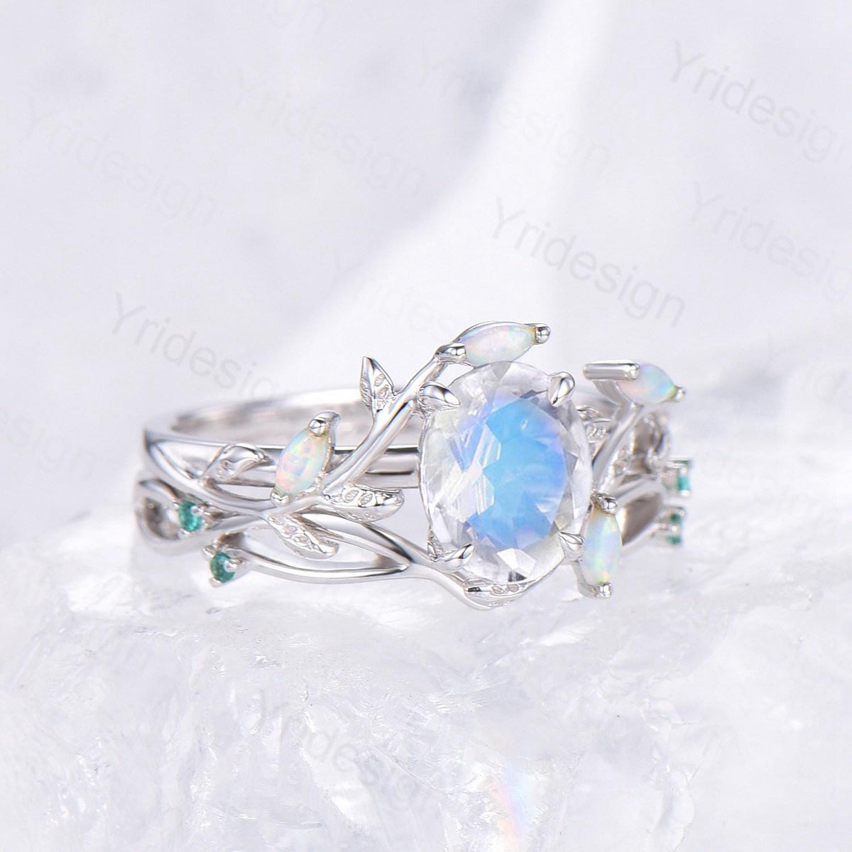 Natural Inspired oval moonstone engagement ring set twig marquise opal bridal set evil eye infinity emerald stacking band anniversary gift