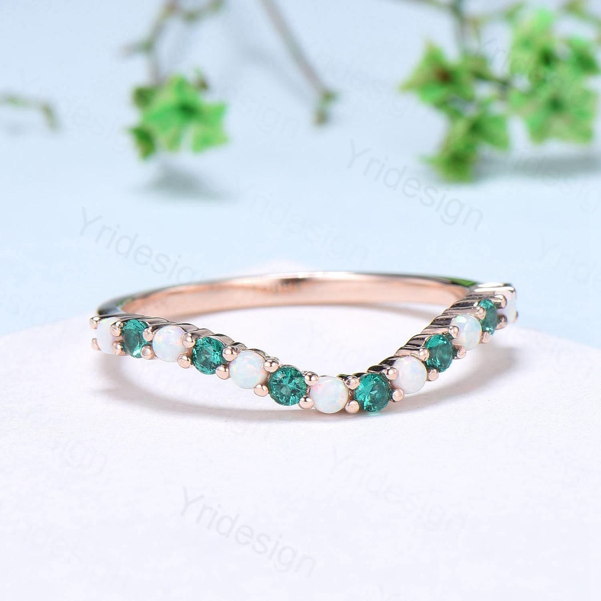 Curved opal wedding ring half eternity opal emerald wedding band silver 14k rose gold anniversary ring stacking band for hexagon cut ring
