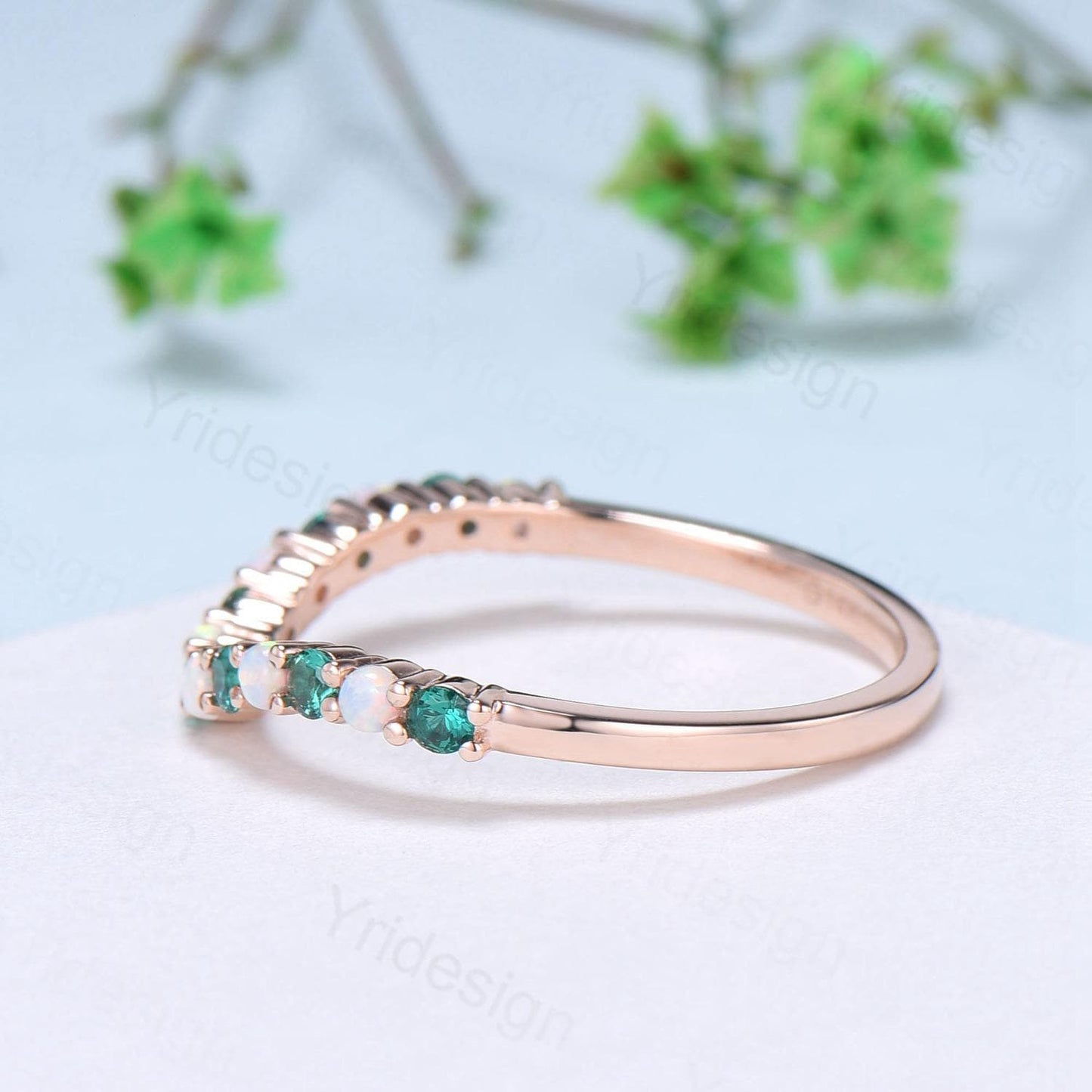 Curved opal wedding ring half eternity opal emerald wedding band silver 14k rose gold anniversary ring stacking band for hexagon cut ring