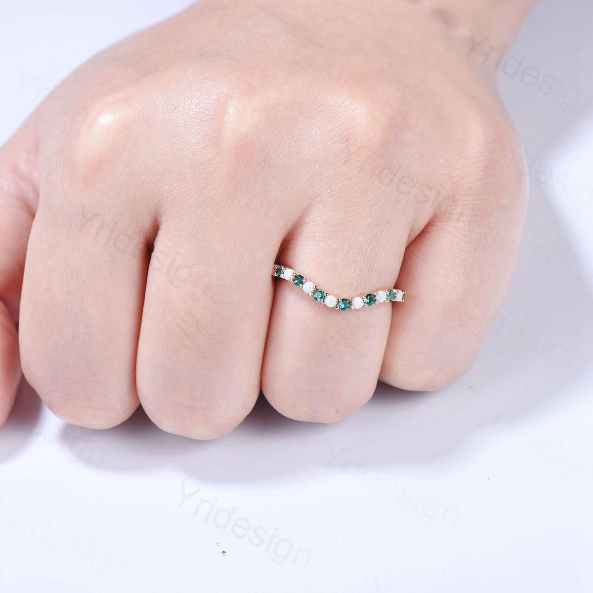 Curved opal wedding ring half eternity opal emerald wedding band silver 14k rose gold anniversary ring stacking band for hexagon cut ring