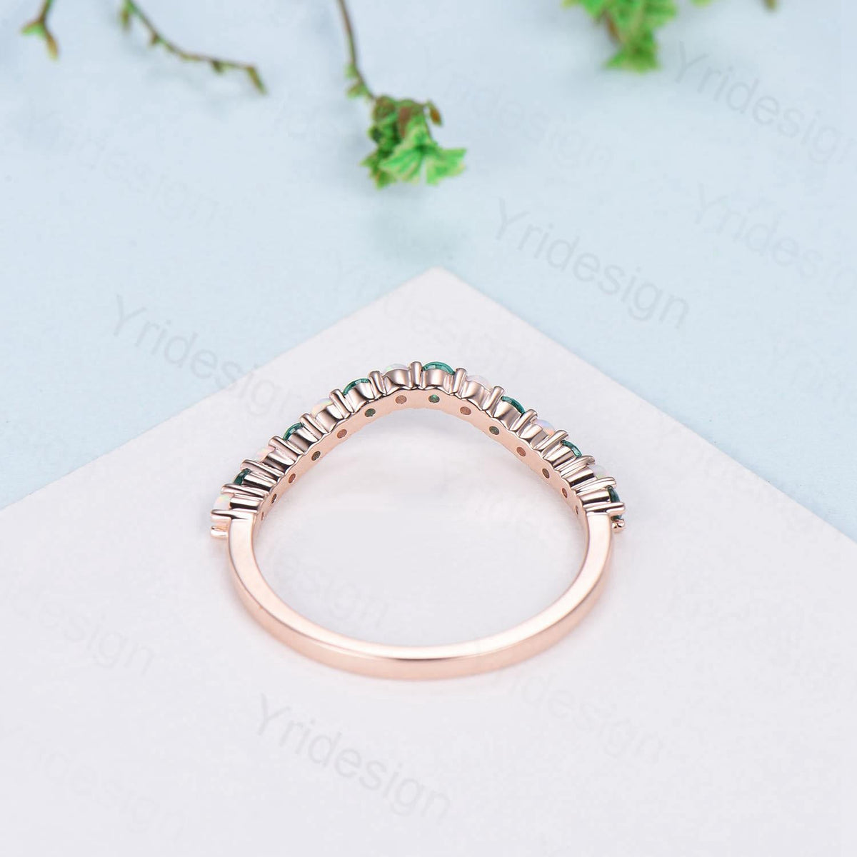 Curved opal wedding ring half eternity opal emerald wedding band silver 14k rose gold anniversary ring stacking band for hexagon cut ring