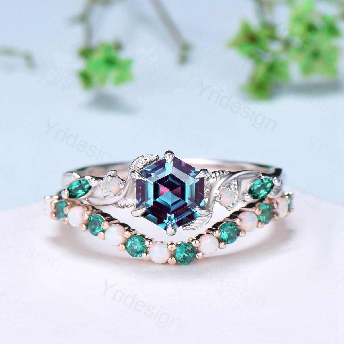 Unique Hexagon Cut Alexandrite Engagement Ring Set Nature Inspired Jewelry 14K Rose Gold Twig Vine Opal Emerald Bridal Set June Birthstone