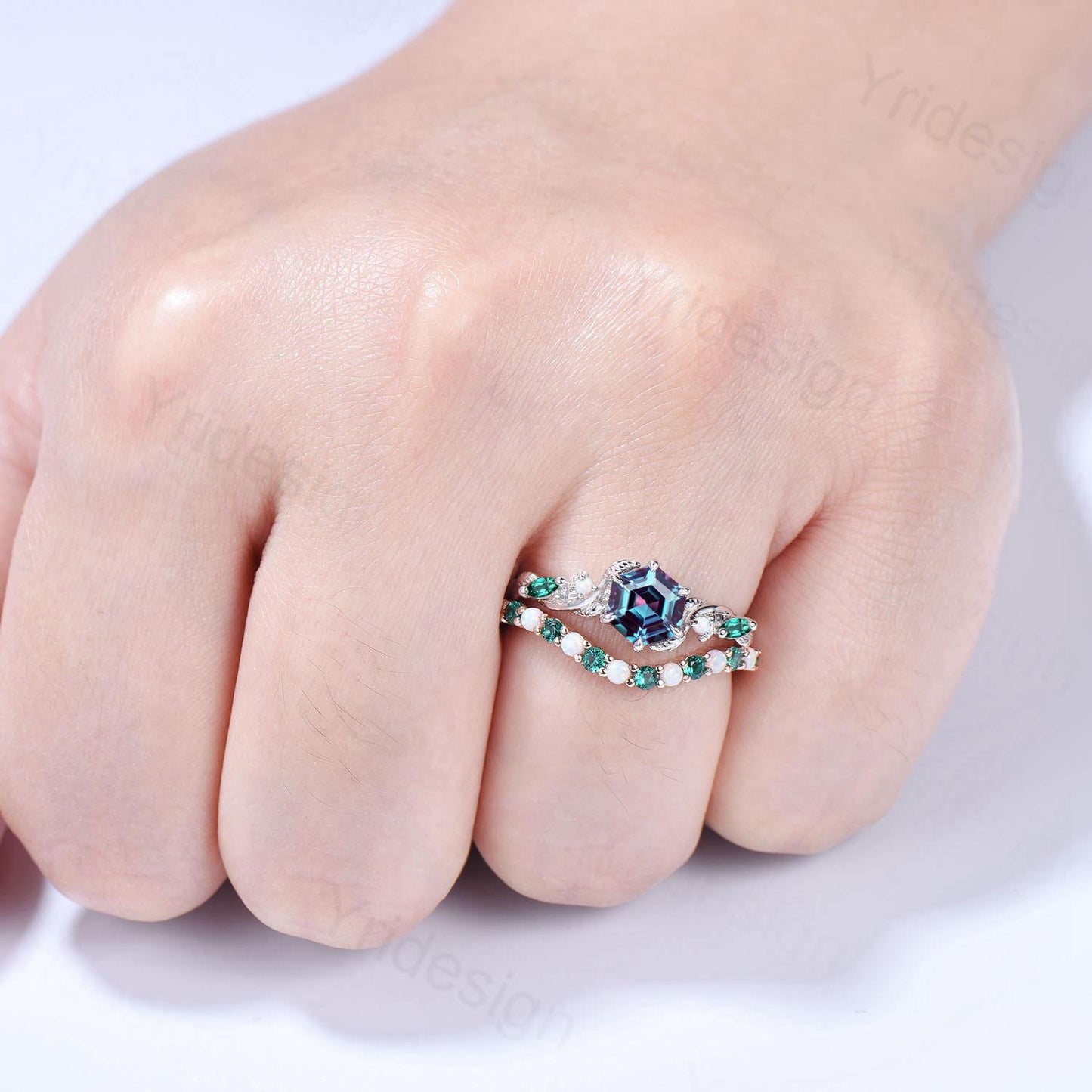 Unique Hexagon Cut Alexandrite Engagement Ring Set Nature Inspired Jewelry 14K Rose Gold Twig Vine Opal Emerald Bridal Set June Birthstone
