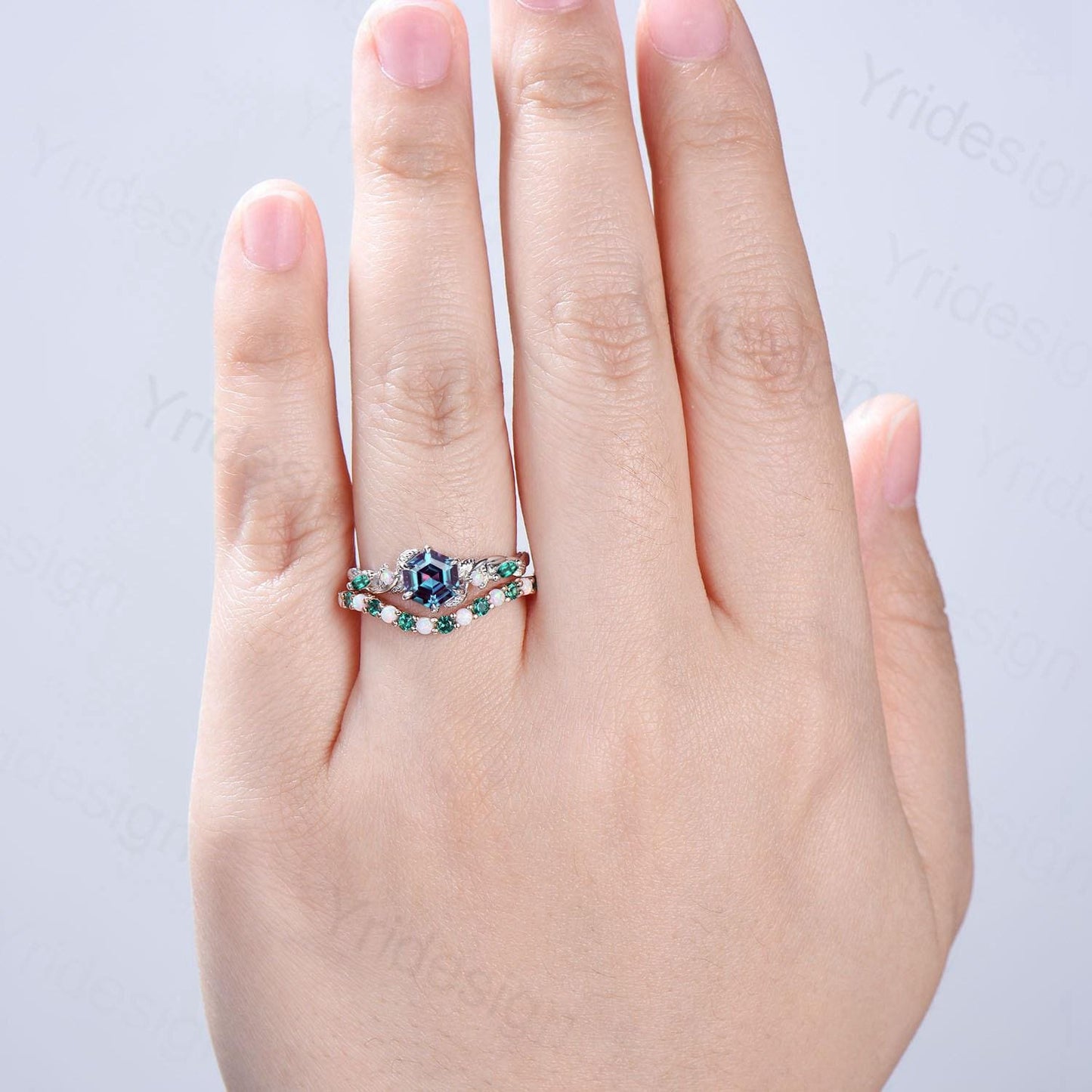 Unique Hexagon Cut Alexandrite Engagement Ring Set Nature Inspired Jewelry 14K Rose Gold Twig Vine Opal Emerald Bridal Set June Birthstone