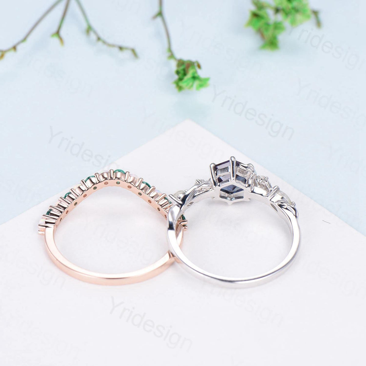 Unique Hexagon Cut Alexandrite Engagement Ring Set Nature Inspired Jewelry 14K Rose Gold Twig Vine Opal Emerald Bridal Set June Birthstone