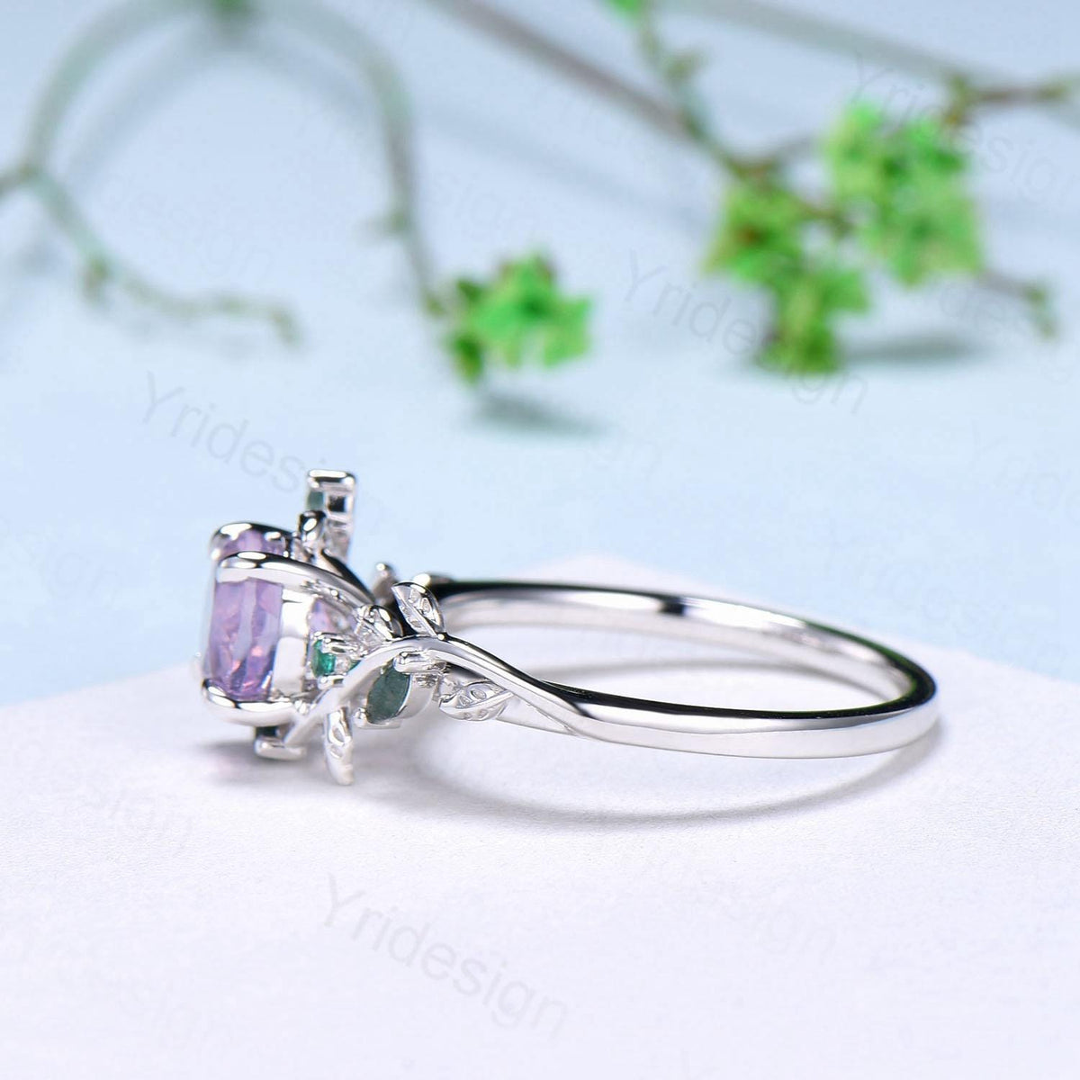 Unique Round Lavender Amethyst Engagement Ring Silver 14K White Gold Nature Inspired Green Moss Agate Emerald Wedding Ring Twig Vine Ring