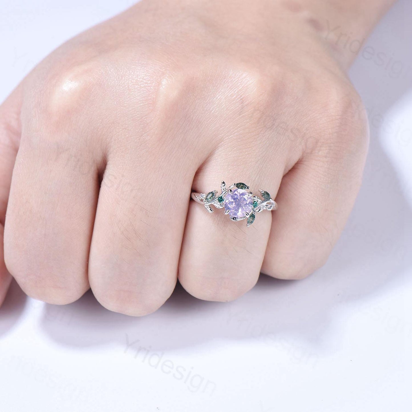 Unique Round Lavender Amethyst Engagement Ring Silver 14K White Gold Nature Inspired Green Moss Agate Emerald Wedding Ring Twig Vine Ring