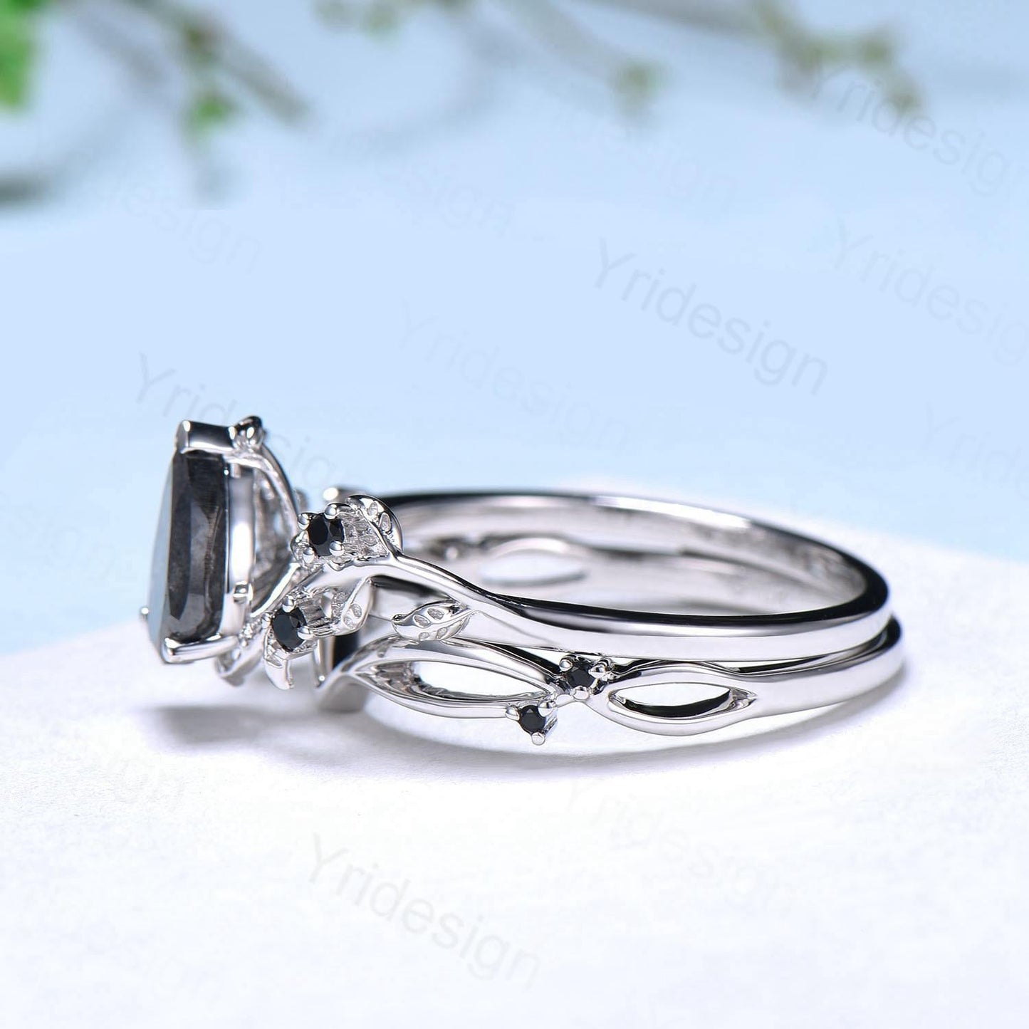 Nature inspired salt pepper diamond engagement ring vintage pear shaped twig vine pepper diamond bridal set unique leaf vine ring for women