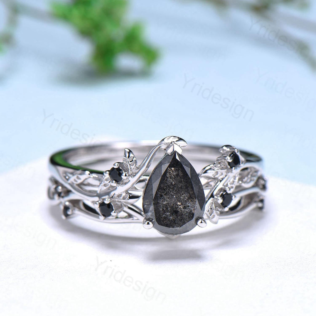 Nature inspired salt pepper diamond engagement ring vintage pear shaped twig vine pepper diamond bridal set unique leaf vine ring for women