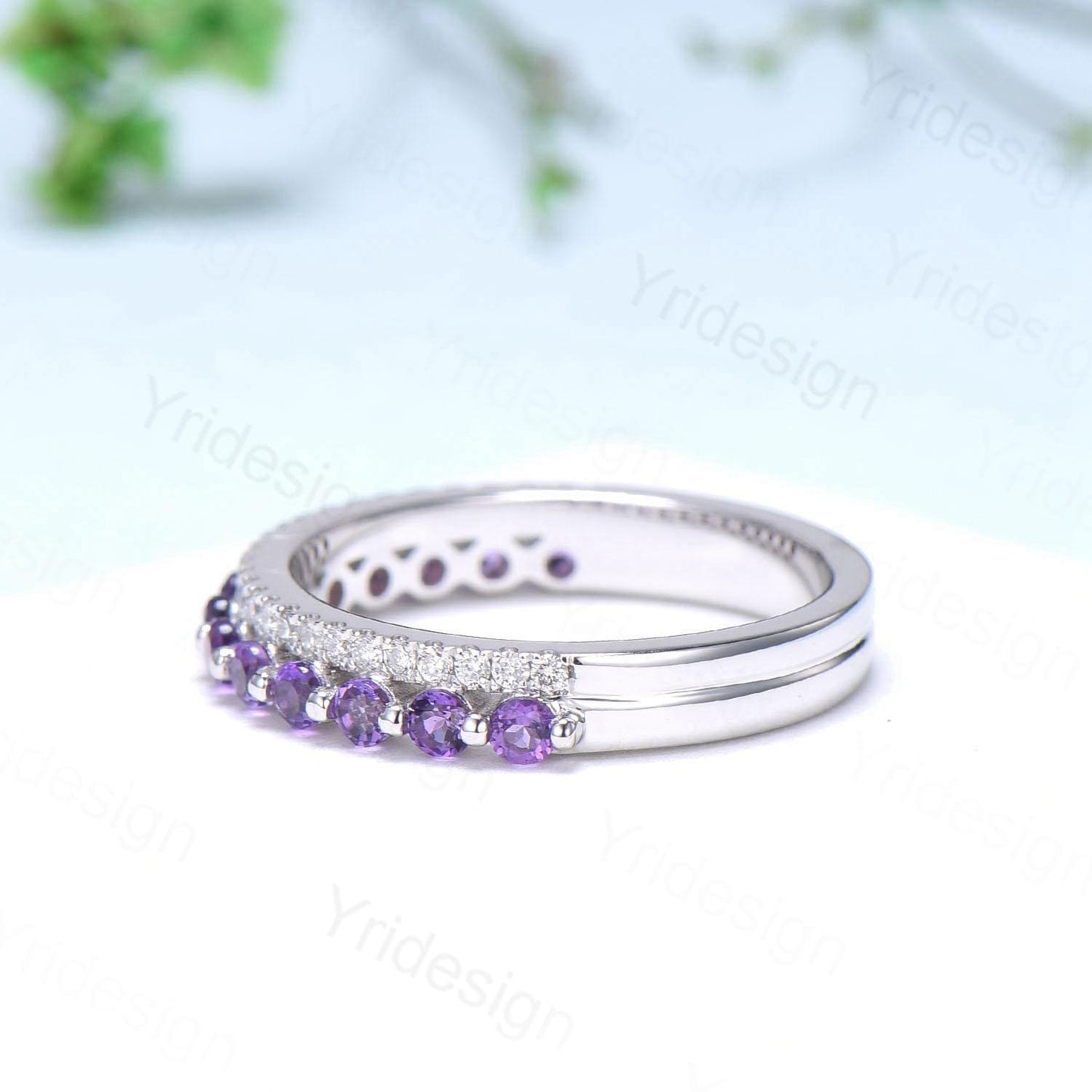 Enhance Amethyst diamond wedding band white gold moissanite band anniversary gift for wife, Matching Stacking Ring, Elegant Promise Band Her