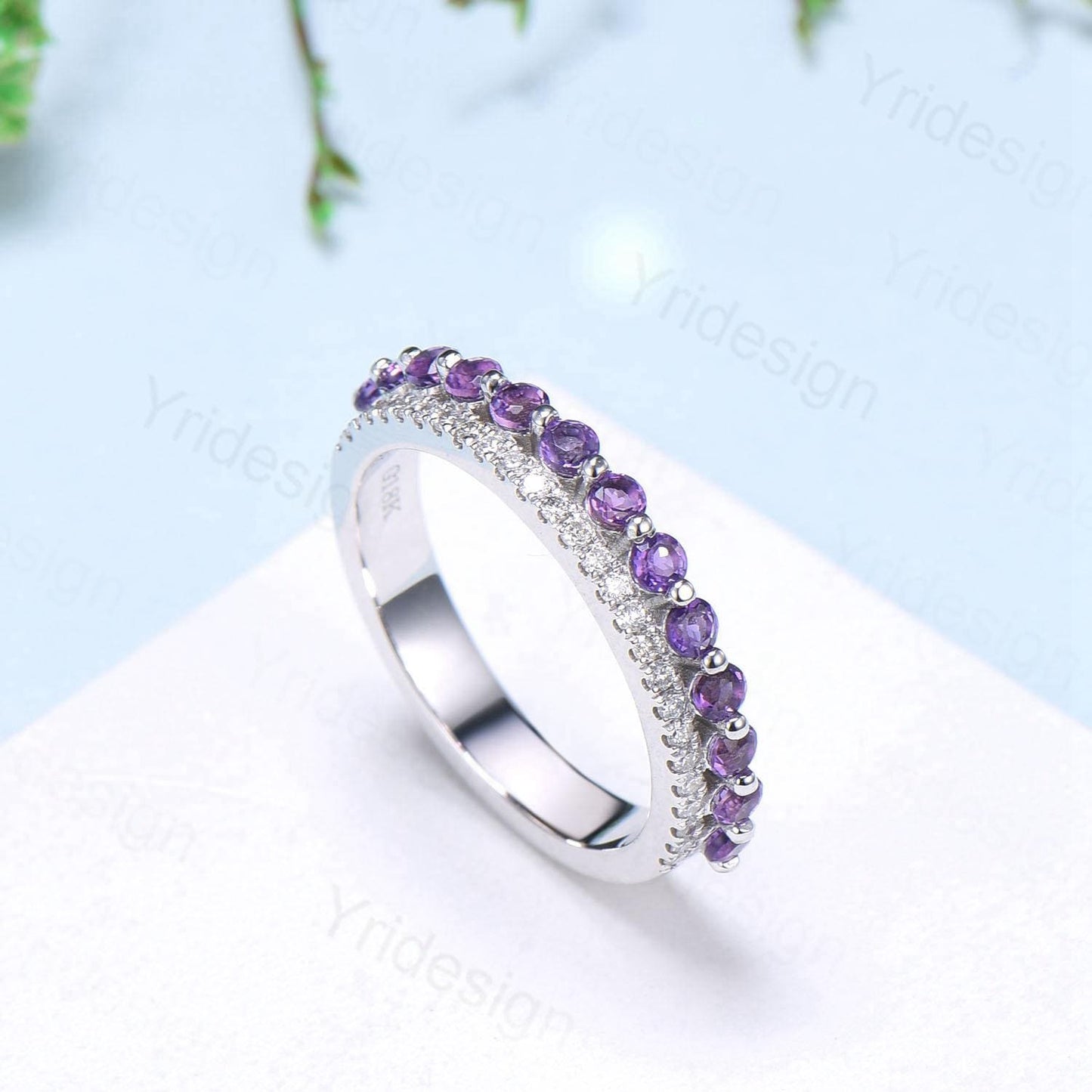 Enhance Amethyst diamond wedding band white gold moissanite band anniversary gift for wife, Matching Stacking Ring, Elegant Promise Band Her