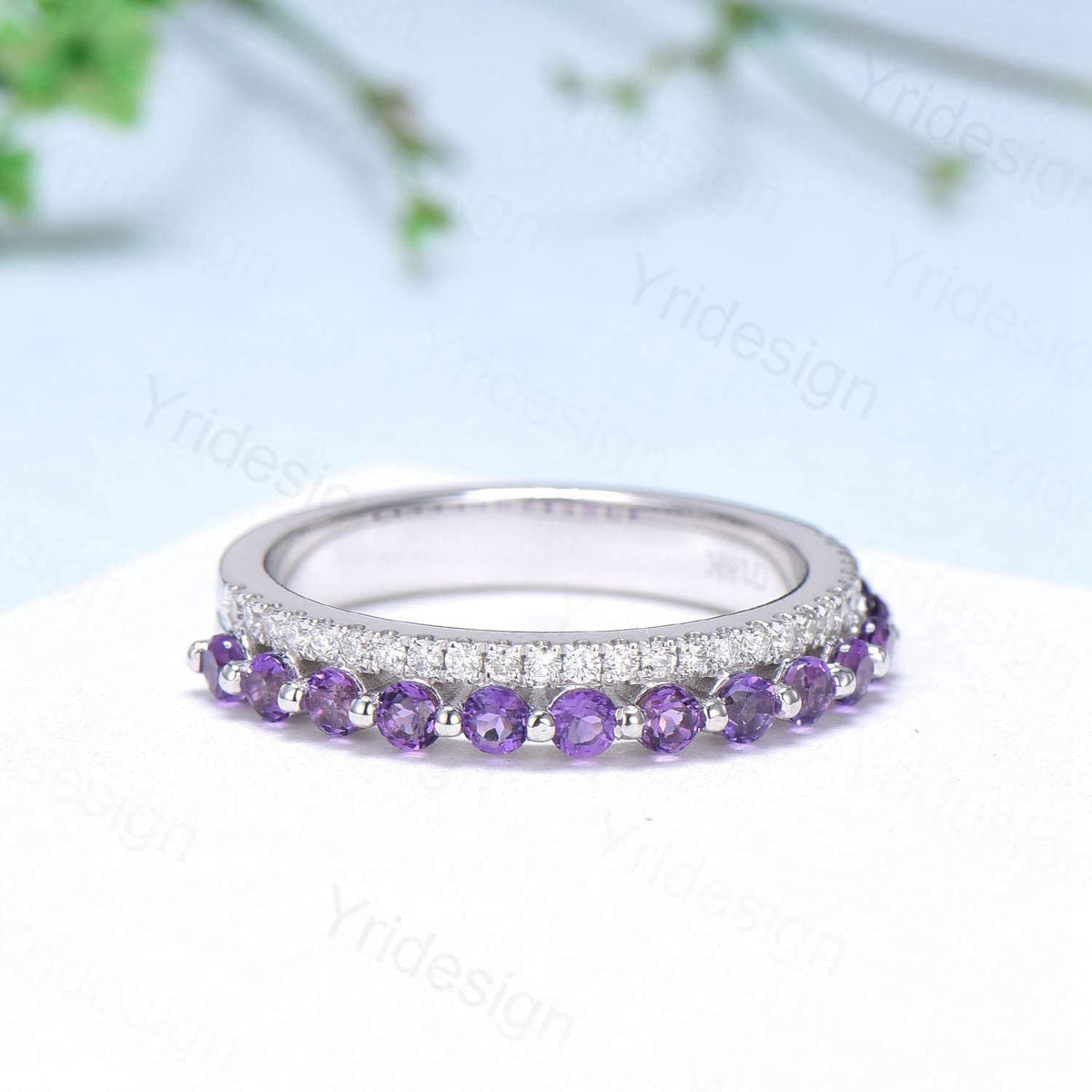 Enhance Amethyst diamond wedding band white gold moissanite band anniversary gift for wife, Matching Stacking Ring, Elegant Promise Band Her