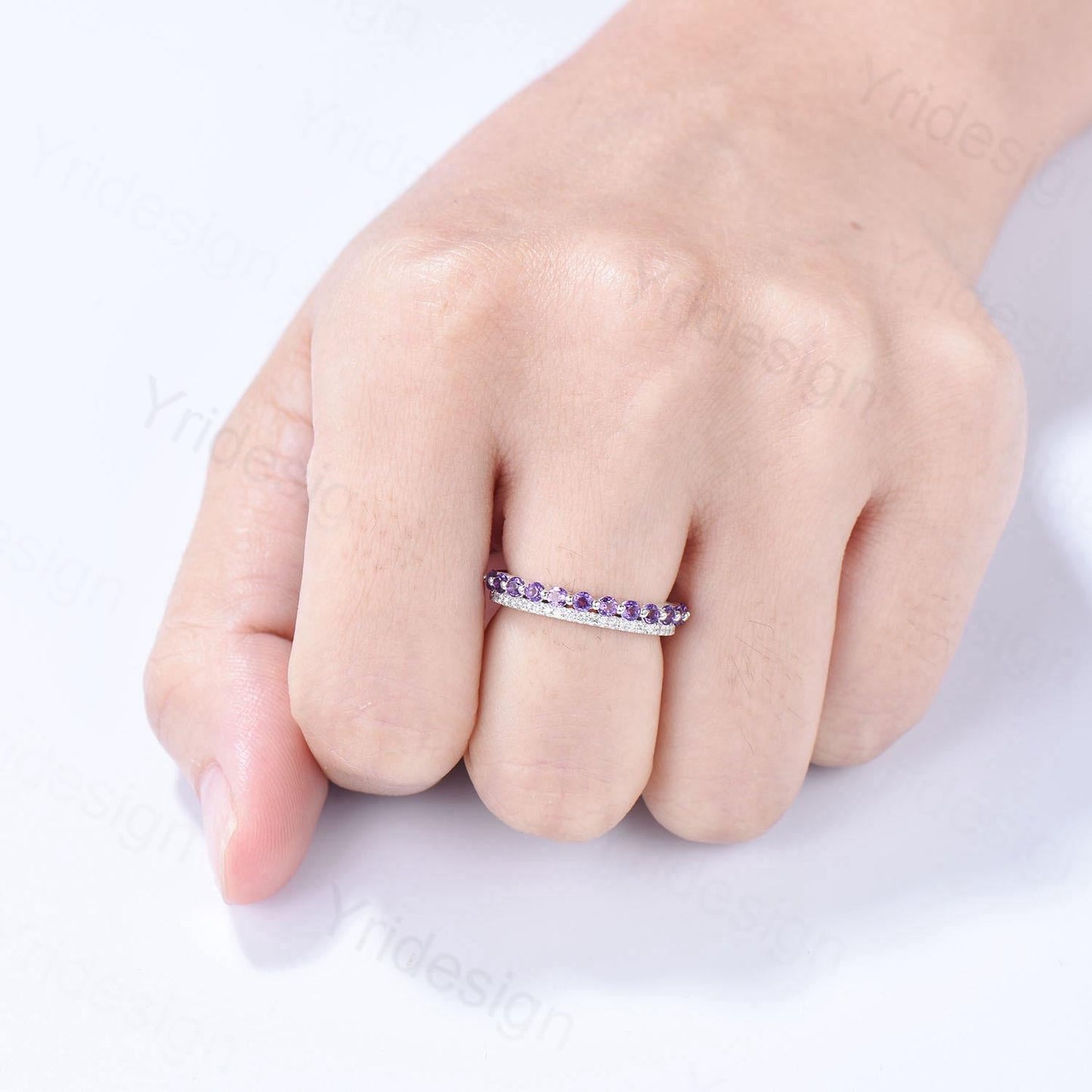 Enhance Amethyst diamond wedding band white gold moissanite band anniversary gift for wife, Matching Stacking Ring, Elegant Promise Band Her