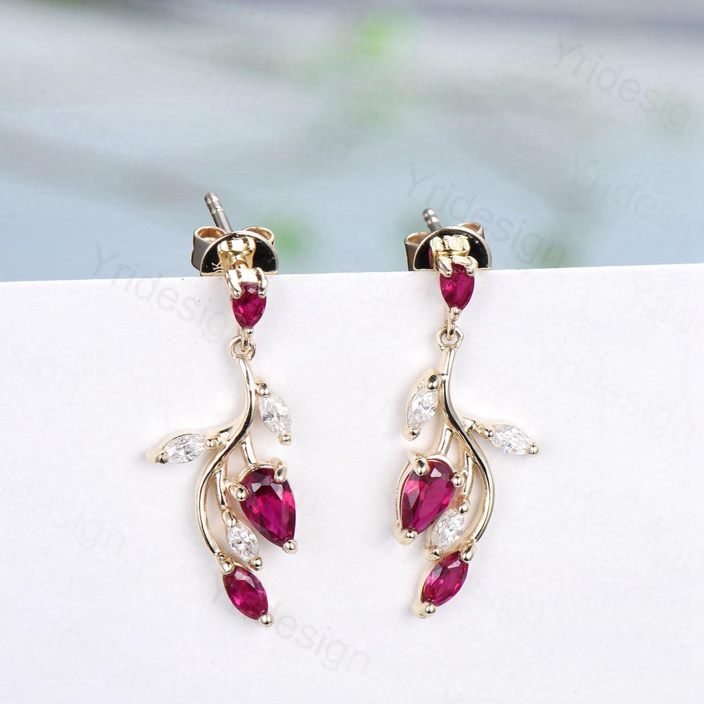 Elegant Ruby Earrings Nature Inspired Red Ruby Stud Earrings July birthstone Earrings Solid 14K Yellow  Gold Vintage Leaves Earrings Women