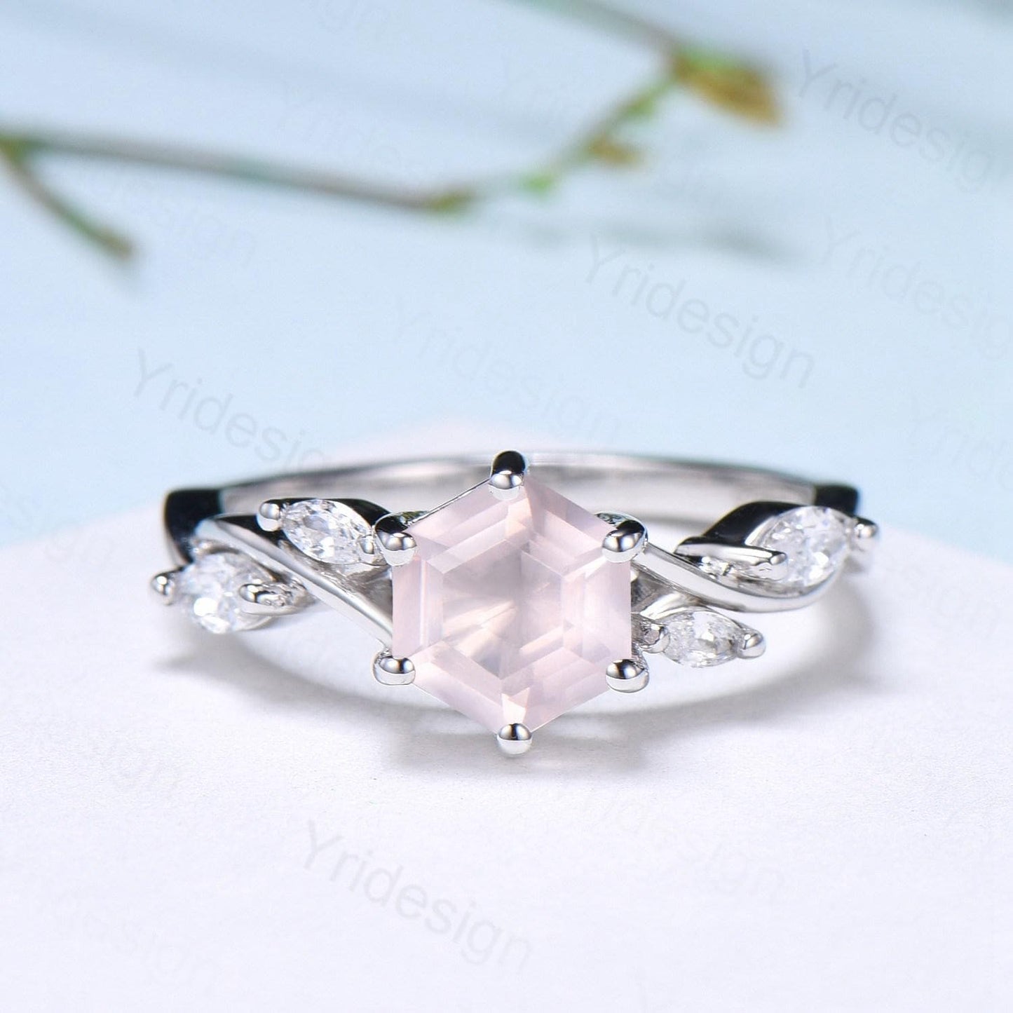 Hexagon cut rose quartz engagement ring vintage Unique Marquise cut Diamond Cluster ring White gold engagement ring Bridal Anniversary ring