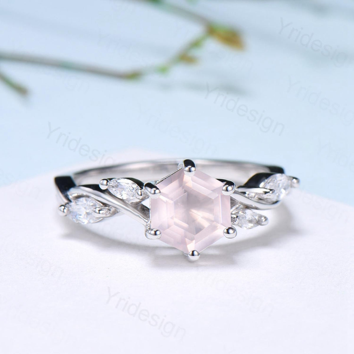 Hexagon cut rose quartz engagement ring vintage Unique Marquise cut Diamond Cluster ring White gold engagement ring Bridal Anniversary ring