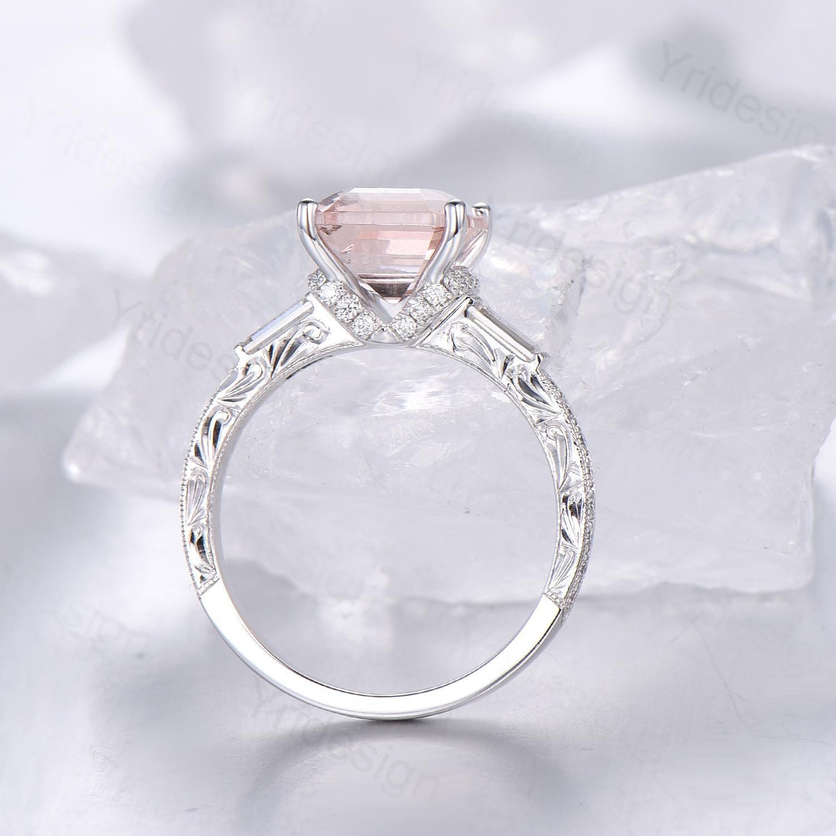 Unique asscher cut morganite engagement ring art deco hidden halo baguette diamond wedding band 14k white gold milgrain anniversary ring her