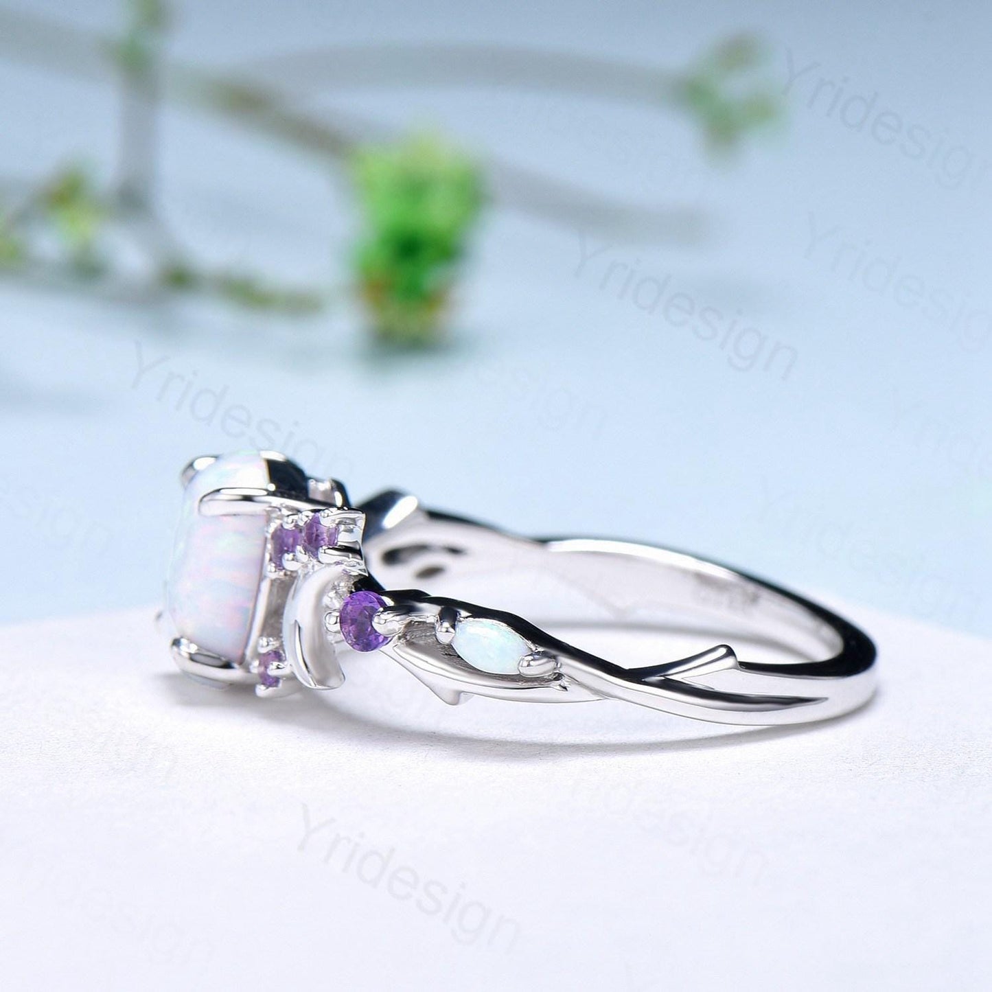 Unique Oval White Opal Engagement Ring Vintage Fire Opal Moon Split Shank Wedding Ring Branch Amethyst Wedding Ring Promise Gift For Women